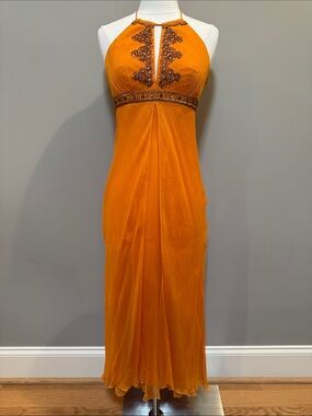 Laundry By Shelli Segal Orange Halter Beaded Maxi Silk Dress